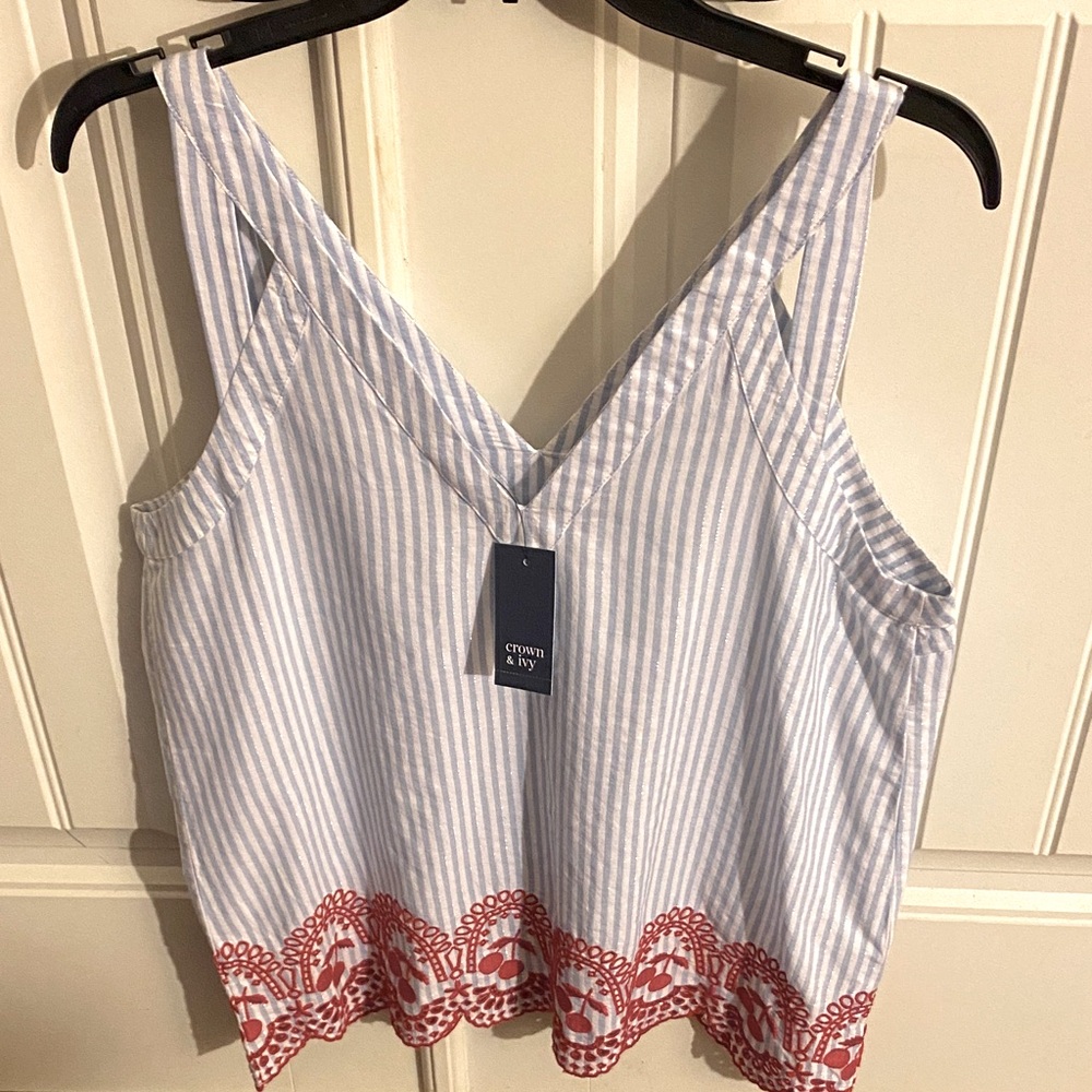 Woman’s Crown & Ivy Blue Striped Camisole with Red Lace Size M